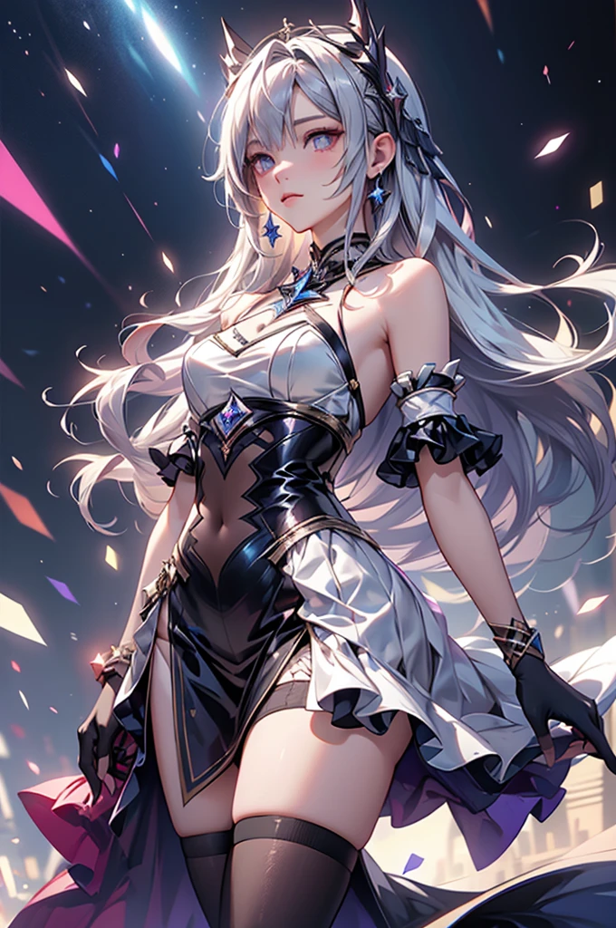 (masterpiece:1.5, Highest quality, Very detailed、 Dutch Angle、Realistic、Fantasy)(One girl, alone)(White and beautiful hair:1.4,,Straight Long Hair)(White based dress, zettai ryouiki)、((medium breasts))(from side)(Beautiful starry sky、Mystical Night、Particles of light float around the woman、Fantasyな空間)Kiana Kaslana