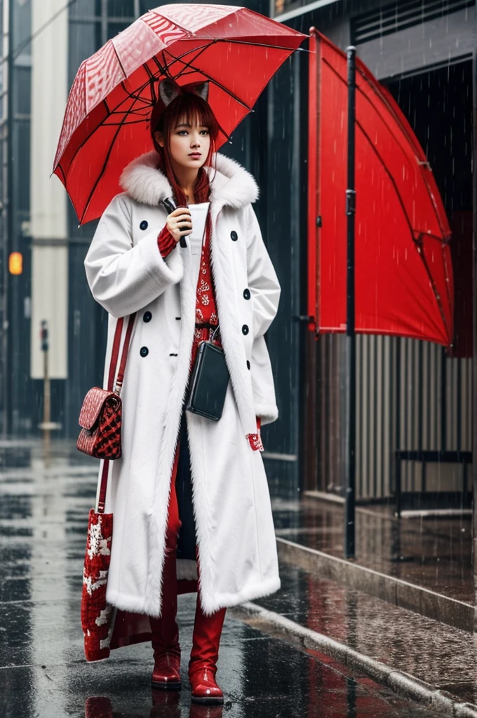 A fox with red necks and red patterns on white fur stands in the rain on a phone in anime style
