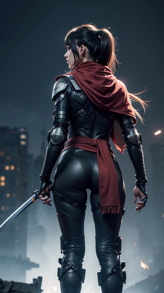 (Female Ninja Cruel Mech: 1.3, Full Body Covered Mech, Heavy AWP on Back, DSLR, Light Tracing, 3D, Concept Art, Action Painting, Film Lighting, Chiaroscuro) :(1.3). Highlighting the curve of the chest, the long white ponytail hair looks graceful and attractive. Masterpiece-like 8K resolution, (Murderous Death and Fear): 0.5, long red scarf fluttering in the wind, war-torn city as a backdrop.