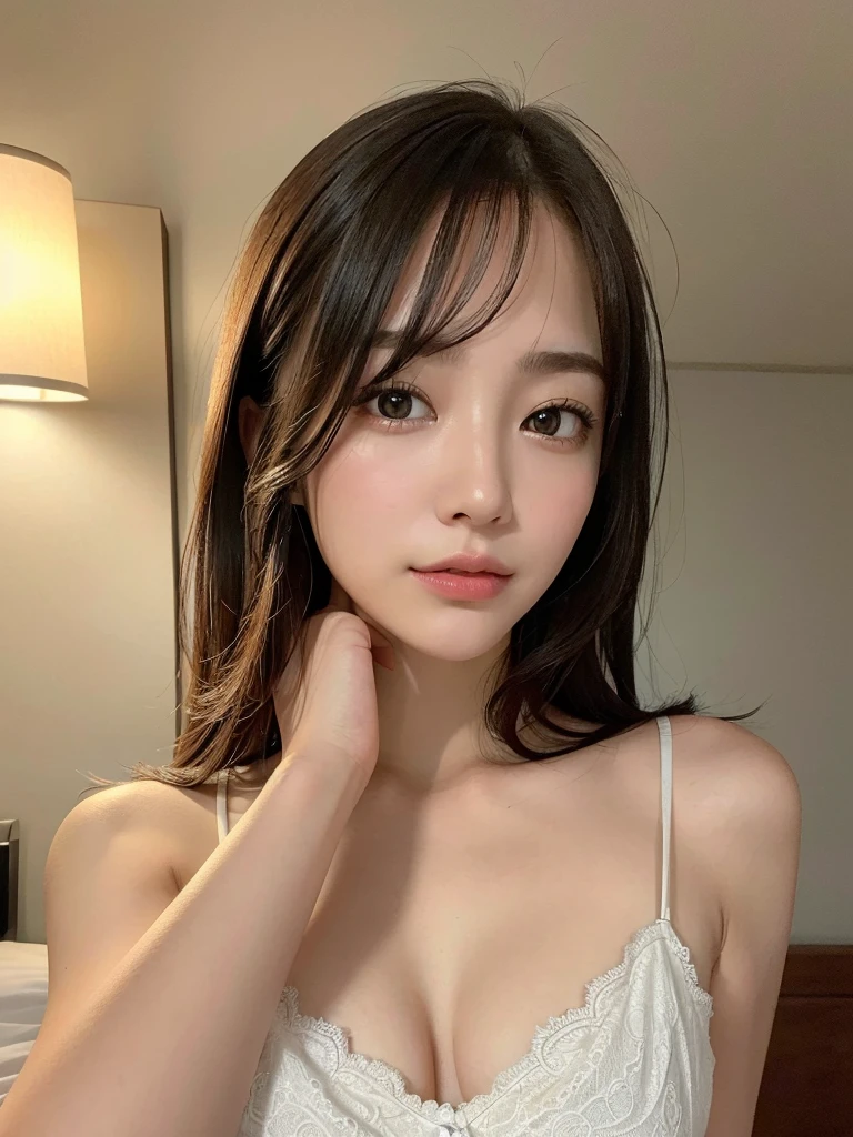 ((Highest quality, 8K, masterpiece: 1.3, RAW Photos)), Sharp focus: 1.2, (alone),1. AESPA Girl: 1.2), (Realistic, Realistic: 1.37), (Face Focus: 1.1), Cute face, (Small breasts, Flat Chest: 1.2), Short, unkempt hair, camisole, panties, Beautiful woman sleeping in a hotel room under the light of a lamp, Cinema Lighting, thigh, (Hands covering the chest, Embrace your chest: 1.3), Sleep on your back, show off breasts