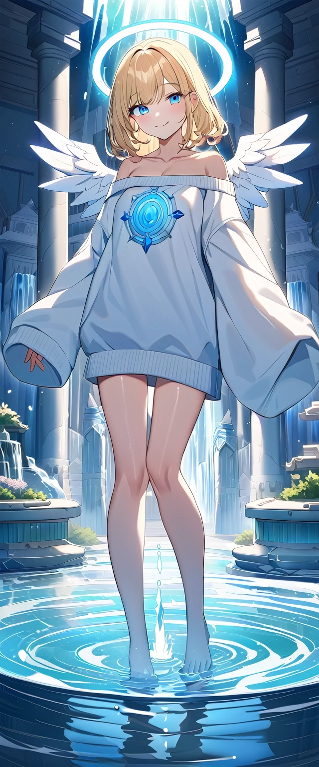 ((angel, big big white wings:1.3, halo:1.3)), (((full body))), ((flying)), Uriel, oversized clothes, puffy long sleeves, collarbone, ((off-shoulder sweater dress:1.3, Quite thick shoulder straps)), (((sleeves past wrists:1.3))), ((white sweater)), ((wavy hair, outward curled hair)), (water temple, crystal clear water:1.3), (crystal, reflective, glowing, waterlogged floor, fountain:1.5), (waterfall), (crystal textured interior), (water ripples:1.3), (clear blue crystal pillars:1.2), (geyser, indoor), (ice floor, ice wall:1.2), (light blue glowing:1.3), ((blond hair, bob cut:1.3)), breasts, teenager, (looking at viewer), collarbone, head tilt:1.3, (((blue eyes))), ((happy smile)), (((anime style))), (best quality, 4K, 8K, highres, masterpiece:1.2, ultra-detailed, ultra-detailed eyes, HDR, uhd, studio lighting, ultra-fine painting, sharp focus, physically-based rendering, extreme detail description, professional, vivid colors, bokeh), ((Highest quality, Best image quality, Ultra-high resolution, Ultra-high resolution, solo, Strong eye highlights)), Depth of written boundary, Natural soft light, attractive, Beautiful Face, Cleanliness, Pure Face, medium chest, Beautiful Face, Perfect Fingers, Perfect hands, Perfect body, Perfect Face, Shine a light into your eyes, Perfect Anatomy