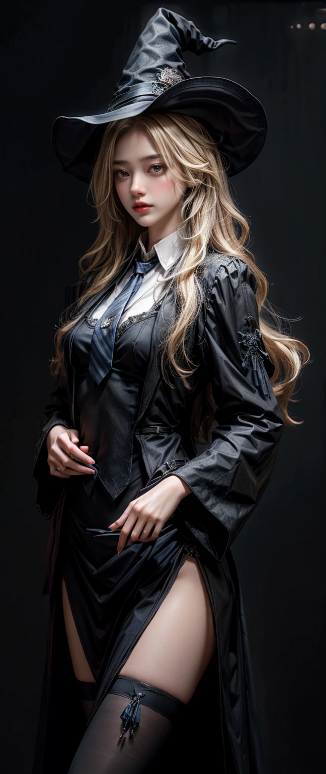 Witch Girl,Long, light blonde hair,Black-blue witch ,Wear a blue-black striped tie., Highest quality, Highest picture quality, high resolution, realistic, 8K, Highly detailed,In a small dark medieval room