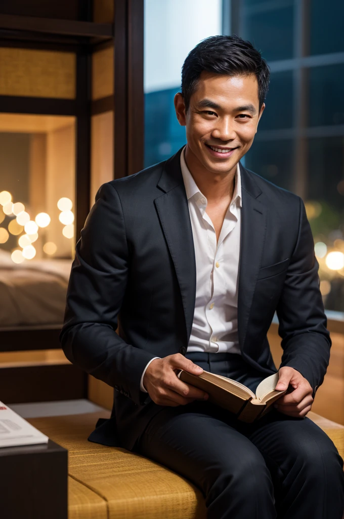  ภาพrealistic, Thai Men, handsome,cool, smile,Good looking figure, wearing a black suit, Age 45, Oval face,Sit and read a book., late at night, In the back there are people working on construction., depth of field, Bokeh, realism, realistic, hyperrealism, professional photography, FuSD, dslr.