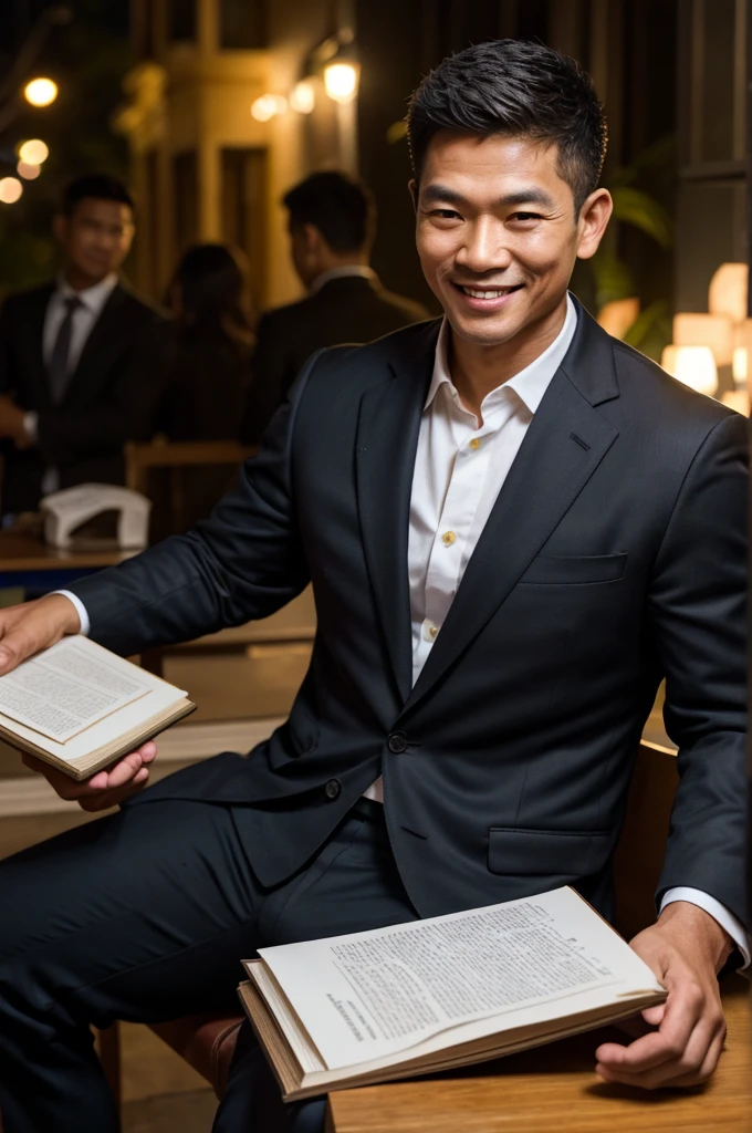 ภาพrealistic, Thai Men, handsome,cool, smile,Good looking figure, wearing a black suit, Age 45, Oval face,Sit and read a book., late at night, In the back there are people working on construction., depth of field, Bokeh, realism, realistic, hyperrealism, professional photography, FuSD, dslr.
