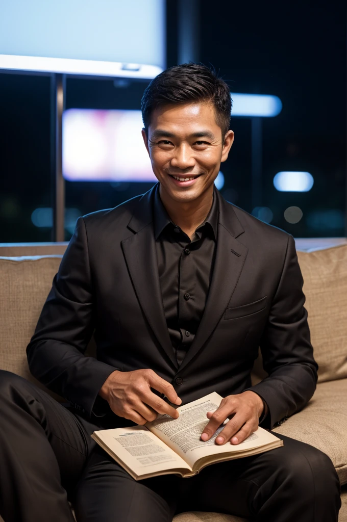 ภาพrealistic, Thai Men, handsome,cool, smile,Good looking figure, wearing a black suit, Age 45, Oval face,Sit and read a book., late at night, In the back there are people working on construction., depth of field, Bokeh, realism, realistic, hyperrealism, professional photography, FuSD, dslr.