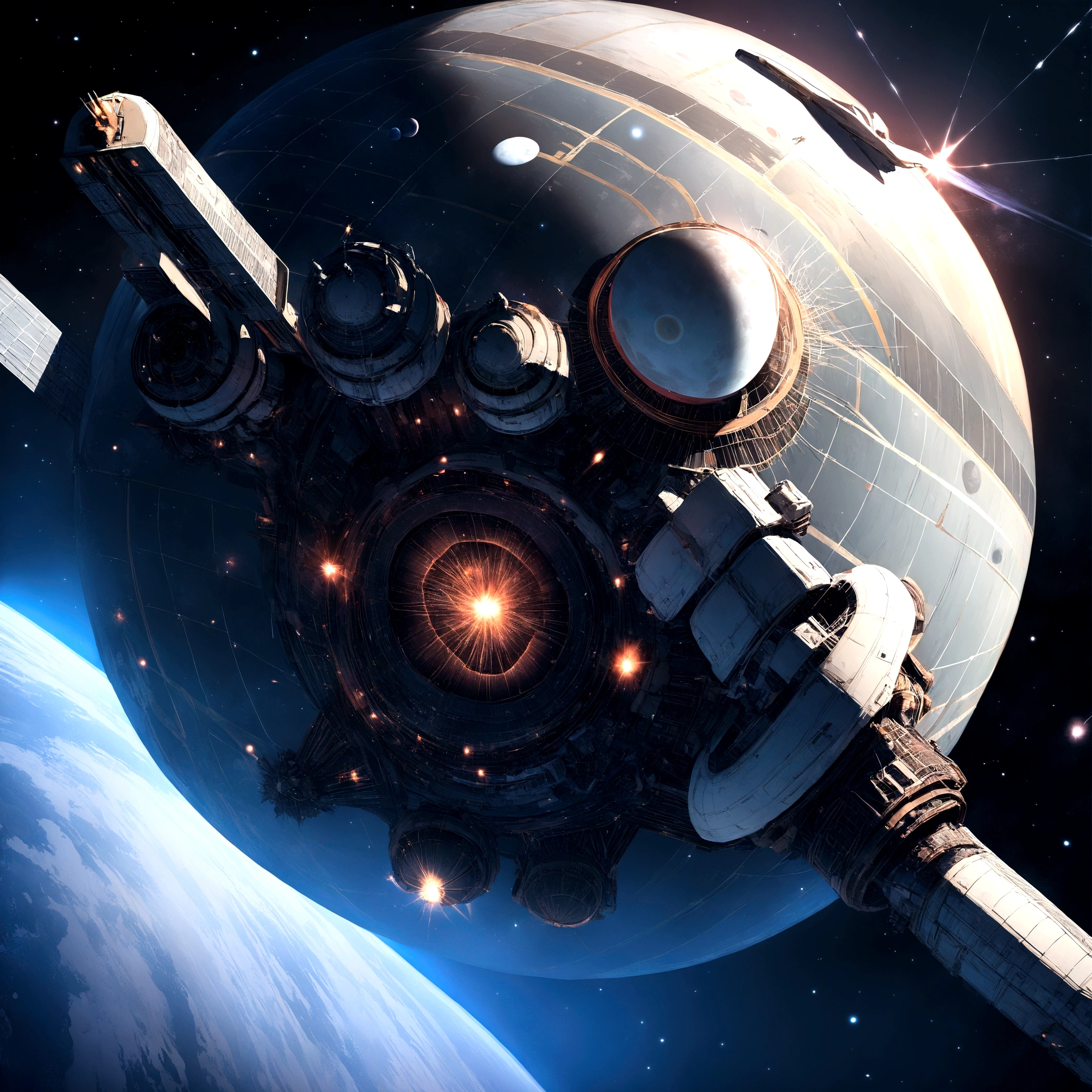 ((Best quality,8K,High realism,Professional photos)) Outer Space,Big Planets,satellite,Very detailed ships,Shining Star
