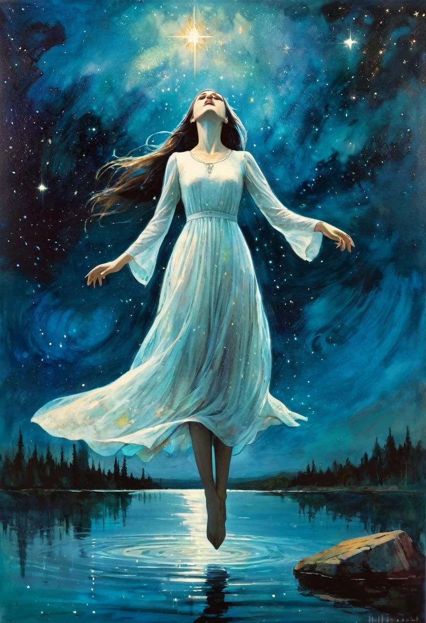 ghostly girl, levitates over the water of a lake, beautiful, medieval appearance, night, stars, milky way, horror tones (art inspired in Bill Sienkiewicz). oil painting)