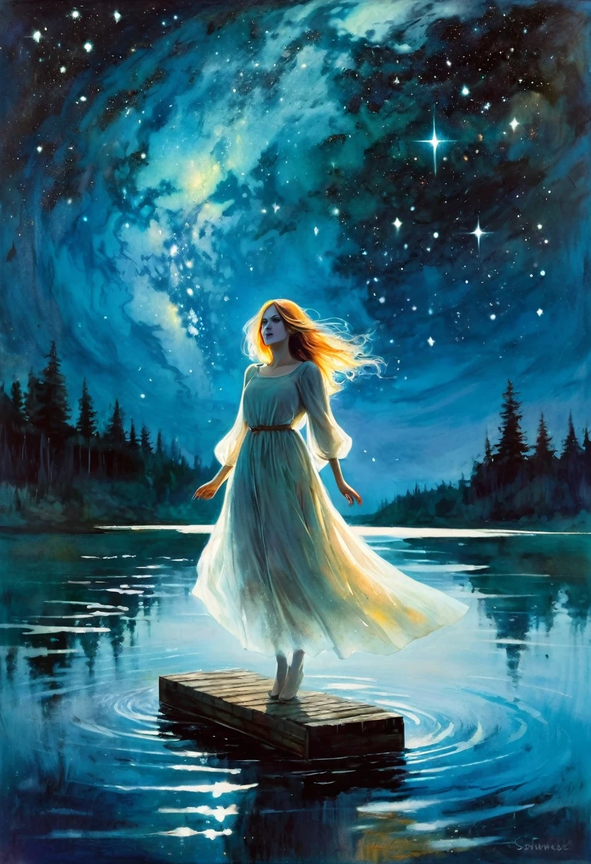 ghostly girl, levitates over the water of a lake, beautiful, medieval appearance, night, stars, milky way, horror tones (art inspired in Bill Sienkiewicz). oil painting)