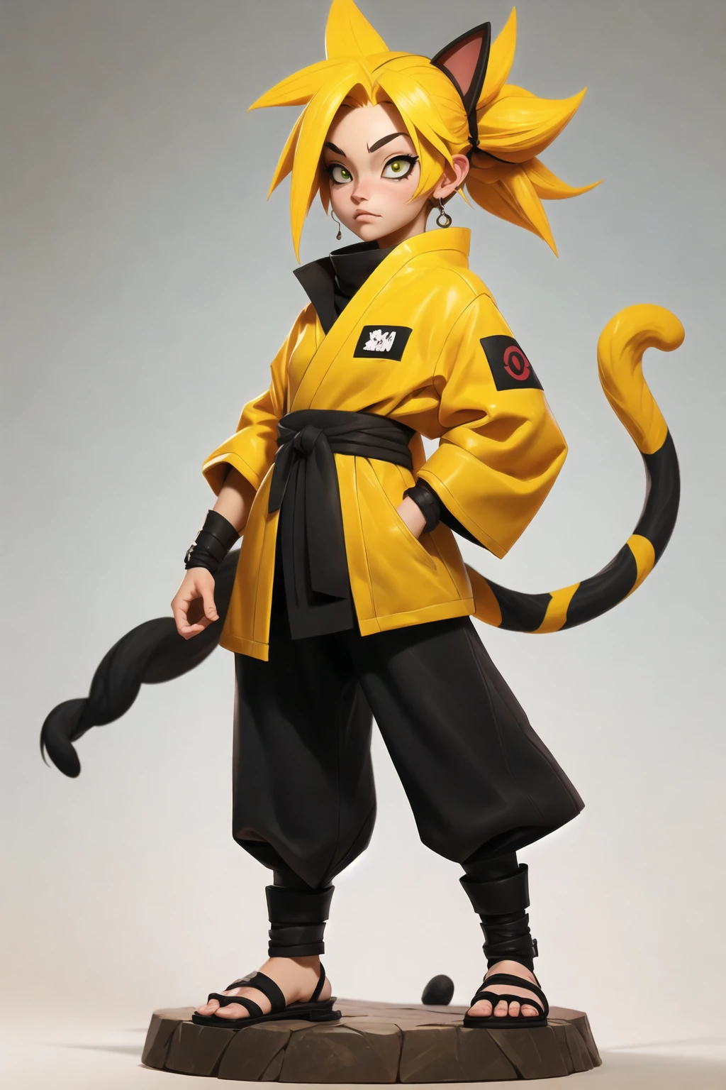 a cat warrior character,(full body:1.2),simple background, masterpiece,best qualit, Naruto Uzumaki costume 