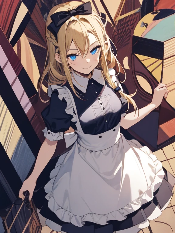 masterpiece, Highest quality, Very detailed, 16K, Ultra-high resolution, Cowboy Shot, Alice in Wonderland, (cubism:1.4), 10-year-old girl, Detailed face, Mischievous Smile, blue eyes, Blonde, Braiding, Long Hair, Ribbon on head, Blue clothes, Plain white apron, 大きなclockのある部屋で, clock, 壁clock