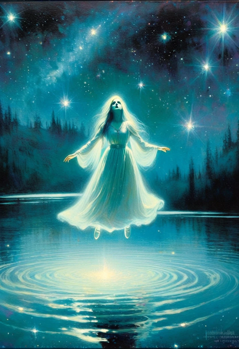 ghostly girl, levitates over the water of a lake, beautiful, medieval appearance, night, stars, milky way, horror tones (art inspired in Bill Sienkiewicz). oil painting) 