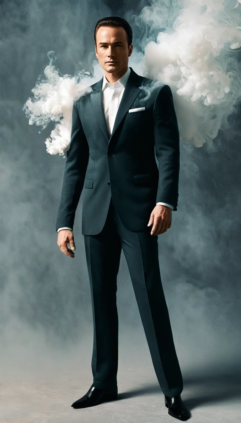 ethereal photo of full body, handsome man face looking to the right, wearing long blazer with pant, looks like Oppenheimer style, Oppenheimer color style, emerging from swirling strokes of smoke and vapors surrounded him, style of Peter Lindbergh, intricate artwork masterpiece, eyes details, hands details, nail details, ominous, golden ratio, intricate, epic, trending on art station, highly detailed, vibrant, production cinematic character render, ultra high quality model