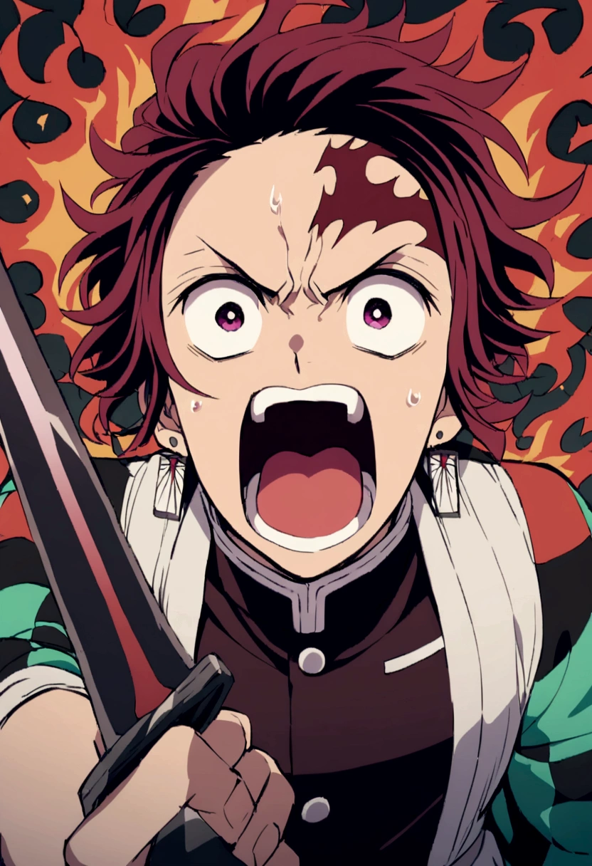 tanjiro, with sword, fire sword, ready to fight, screaming, upper body