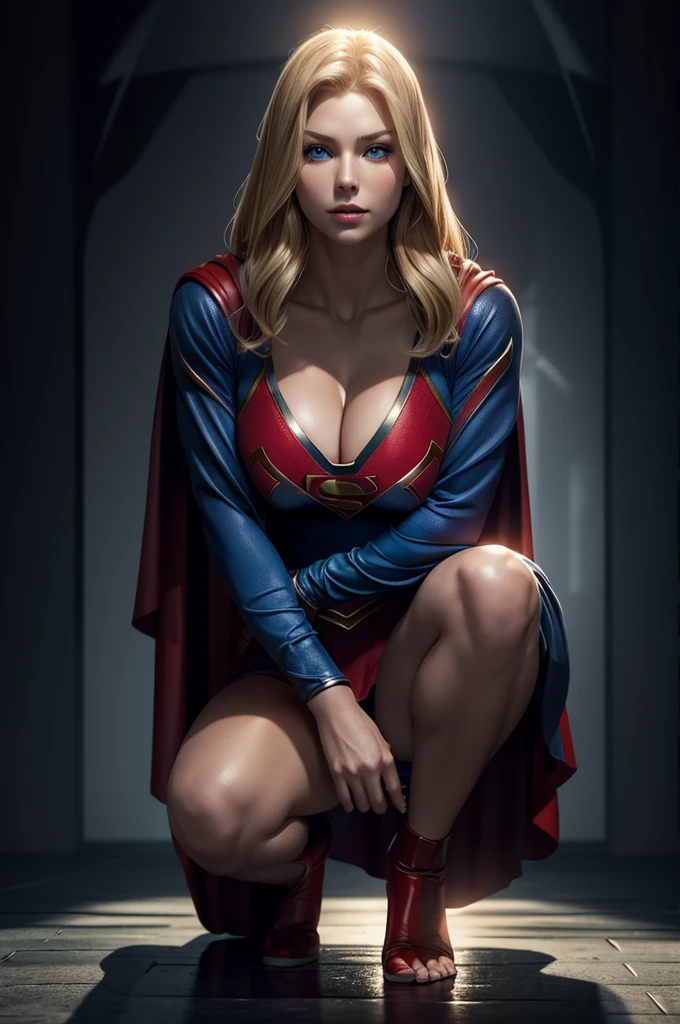 The character Supergirl, extremely beautiful face, perfect red and black costume, extremely beautiful blue eyes, perfect blond hair, smooth curves