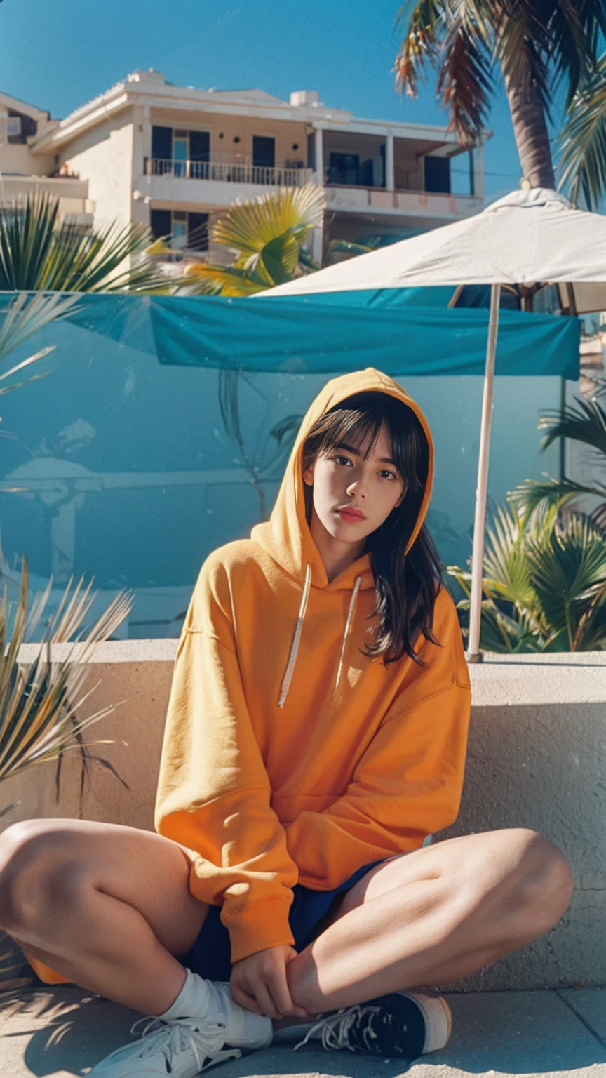 Fujifilm XT3,1 girl ,her pose exudes a sense of and joy,close up photo, wear (((color orange oversized_hoodie that covered her legs))), wear ((purple tennis skirt)),hands in hoodie pocket,looking front,Best Quality,Masterpiece,Ultra High Resolution,(Realisticity:1.4),Original Photo,light leak,ultra high resolution,UHD,beautiful, (bokeh:1)  black bob hair, almond eye, no makeup, in front of (80's mondrian architecture motel), (realistic:1.2), (surreal:1.3), (very detailed:1.1), ((masterpiece)),summer, blue sky, palm trees,sunny, los angles vibes