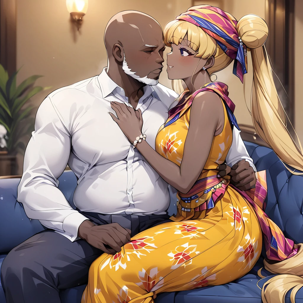 ((Highest quality)), ((masterpiece)), (detailed), （Perfect Face）、The woman is a black Ghanaian with vivid dark brown skin, Tsukino Usagi, and is in a luxurious Ghanaian mansion wearing a gorgeous, colorful, glittering Ghanaian dress, a colorful turban head scarf, gorgeous jeweled accessories and an engagement ring. The woman and the man are sitting on a luxurious, large sofa in the luxurious room, and the woman is passionately embracing and passionately deep kissing the dignified, bearded, middle-aged Ghanaian man wearing Ghanaian traditional clothing, making passionate love as a married couple.、The woman is the elegant Tsukino Usagi, with long blonde hair in a chignon twin tail, wearing a colorful Ghanaian dress and a colorful turban head scarf, and has vivid dark brown skin.、（The woman is a black Ghanaian with vivid dark brown skin.）、The man is a dignified, burly, bearded Ghanaian man wearing a smock.