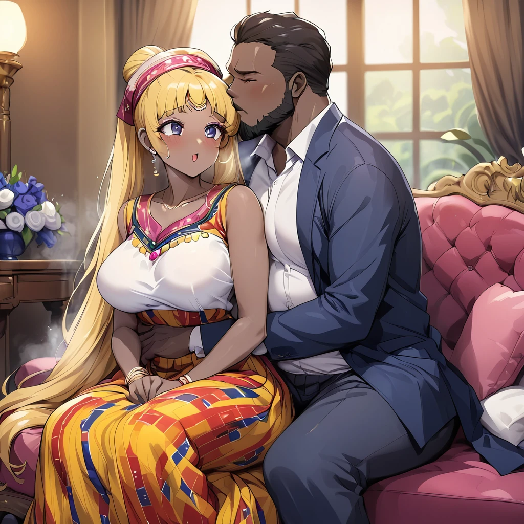 ((Highest quality)), ((masterpiece)), (detailed), (Perfect Face)、The woman is a black Ghanaian with vivid dark brown skin, Tsukino Usagi, and is in a luxurious Ghanaian mansion wearing a gorgeous, colorful, glittering Ghanaian dress, a colorful turban head scarf, gorgeous jeweled accessories and an engagement ring. The woman and the man are sitting on a luxurious, large sofa in the luxurious room, and the woman is passionately embracing and passionately deep kissing the dignified, bearded, middle-aged Ghanaian man wearing Ghanaian traditional clothing, making passionate love as a married couple.、The woman is the elegant Tsukino Usagi, with long blonde hair in a chignon twin tail, wearing a colorful Ghanaian dress and a colorful turban head scarf, and has vivid dark brown skin.、(The woman is a black Ghanaian with vivid dark brown skin.)、The man is a dignified, burly, bearded Ghanaian man wearing a smock.