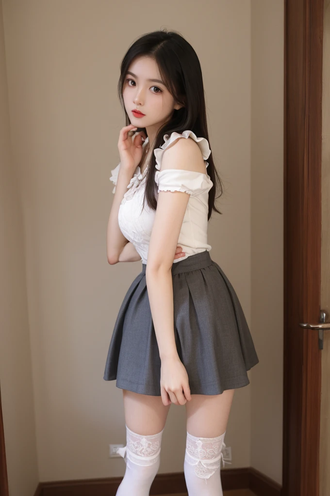 Japanese women、gravure、Full body projection、About fair skin、
Eye color is vermilion。
Eyes are large、lashes are long。
Eyebrows are thin。
hair is slightly longer than shoulders、
Silver Hair。
She has a single accessory in her hair。
Narrow shoulders and 155cm tall。
F cup breasts。
There is little muscle mass、A little meaty。
About Congestion、
Top is cold shoulder、
Pleated mini skirt underneath、
She is wearing black underwear and pantyhose, but her underwear is faintly visible.。
Wearing brown sandals。
With a crepe in hand, waiting、The other one is holding a spoon。
Low angle high resolution、high resolution、RAW images