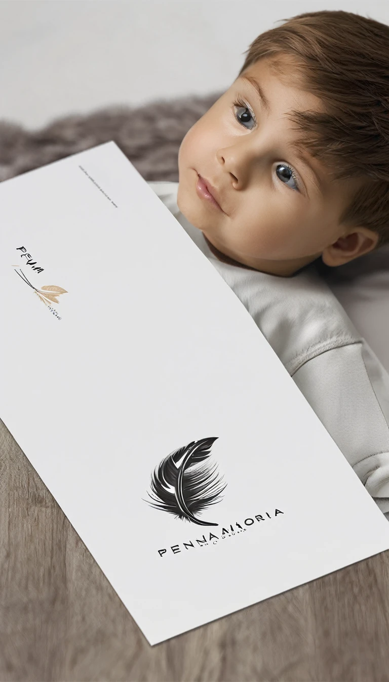Create a minimal, modern, simple, inspirational, memorable, dream like logo design of a boy and a feather for the brand “Penamemoria".