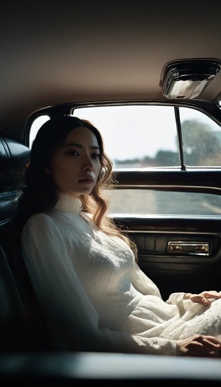 Inside the car, a tense atmosphere as the woman in a white dress sits silently beside the driver. Her hair obscures her face. The man's face shows unease and nervous glances towards her. The interior is dimly lit, enhancing the eerie mood. Cinematic lighting, high contrast.