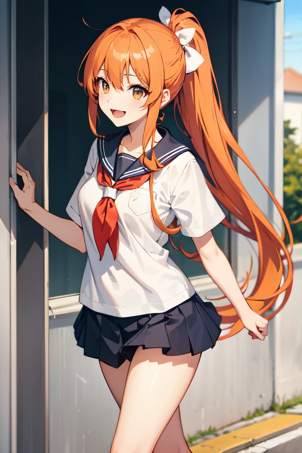 A cheerful anime girl with long, flowing orange hair styled in a ponytail is walking home from school. She wears a sailor uniform.lewd,sexy