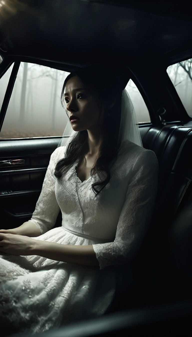 Inside the car, a tense atmosphere as the woman in a white dress sits silently beside the driver. Her hair obscures her face. The man's face shows unease and nervous glances towards her. The car interior is dimly lit, with the headlights casting a weak glow on the foggy forest road outside. Cinematic lighting, high contrast, spooky.