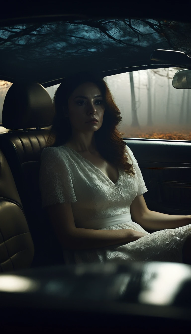 Inside the car, a tense atmosphere as the woman in a white dress sits silently beside the driver. Her hair obscures her face. The man's face shows unease and nervous glances towards her. The car interior is dimly lit, with the headlights casting a weak glow on the foggy forest road outside. Cinematic lighting, high contrast, spooky.