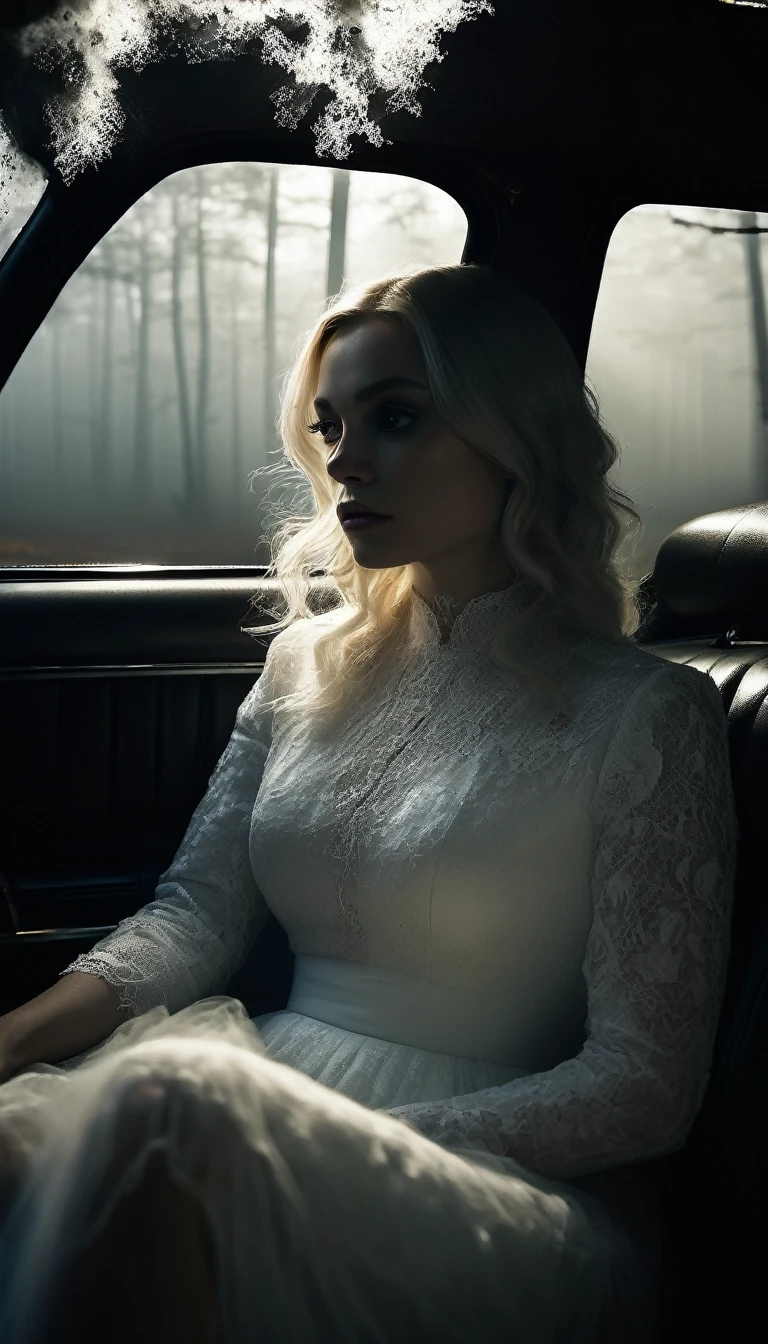 Inside the car, a tense atmosphere as the woman in a white dress sits silently beside the driver. Her hair obscures her face. The man's face shows unease and nervous glances towards her. The car interior is dimly lit, with the headlights casting a weak glow on the foggy forest road outside. Cinematic lighting, high contrast, spooky.