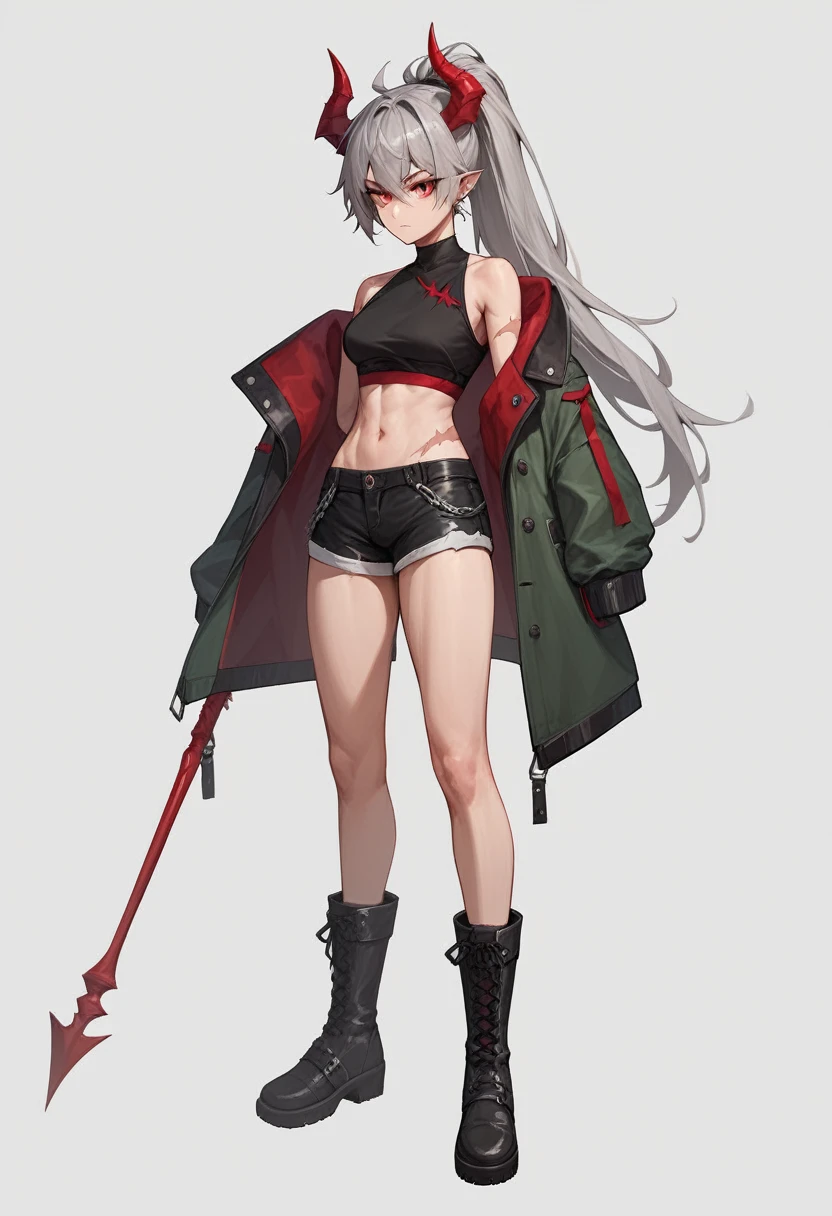 1 girl, long gray hair tied in a ponytail, one red eye, one white eye with a scar, black short shorts, black boots with white laces, dark red top, dark green short sleeved jacket, Red Demon Horns, White background, standing straight
