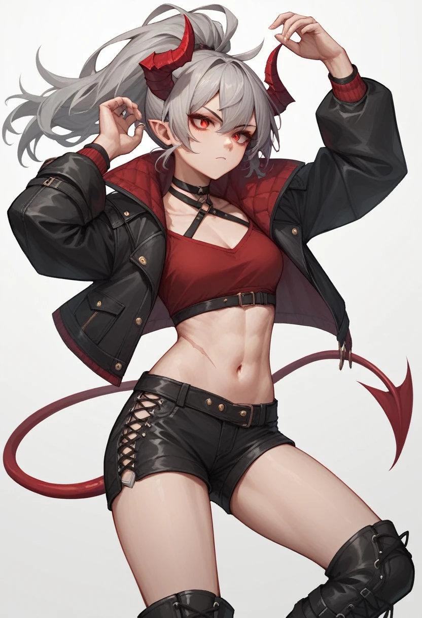 1 girl, long gray hair tied in a ponytail, one red eye, one white eye with a scar, black short shorts, black boots with white laces, dark red top, dark green short sleeved jacket, Red Demon Horns, White background, standing straight