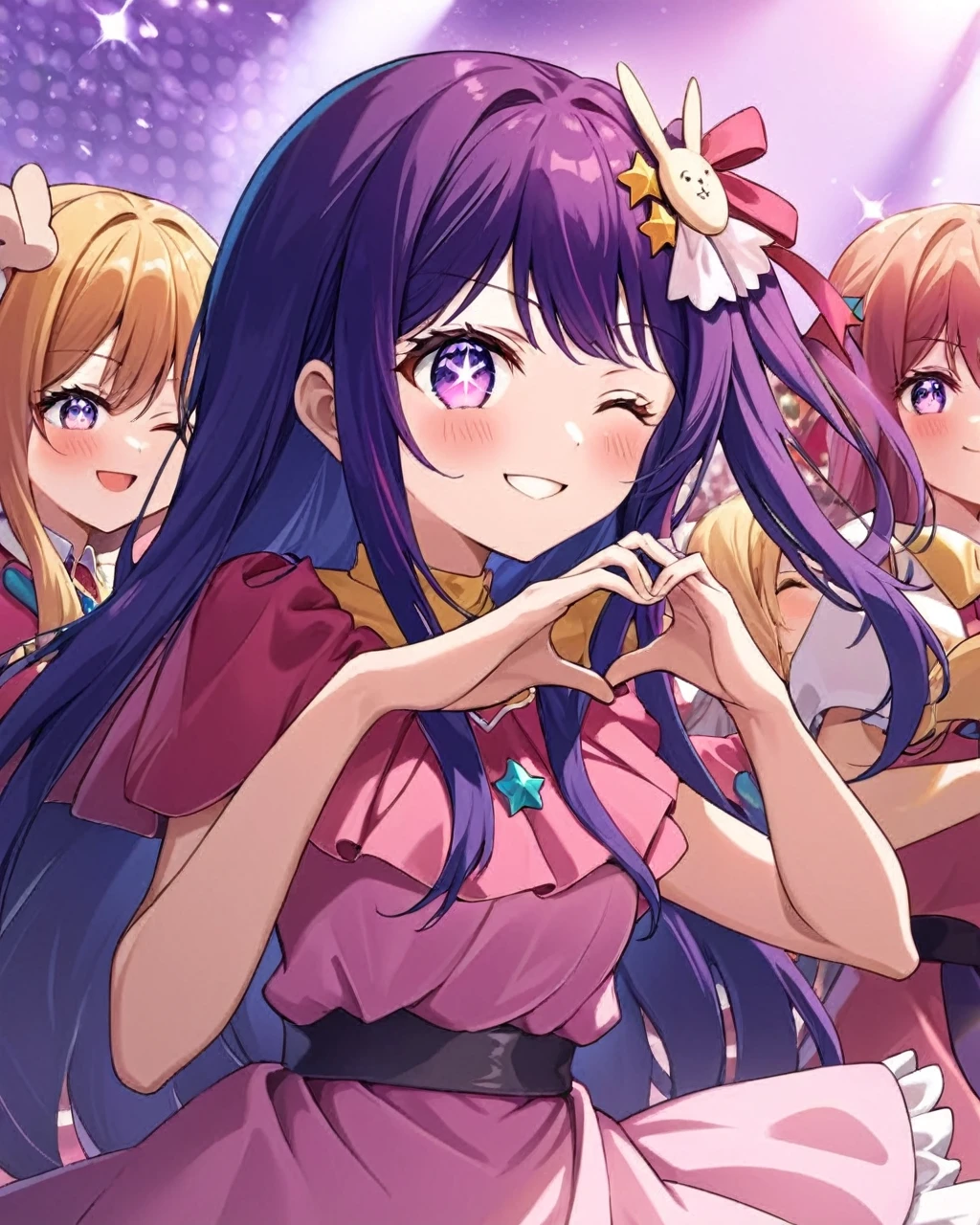 Ai Hoshino,One girl, One_eye_Closed, heart_hand, smile, 一人in, pink_dress, star_\(symbol\), blush, star_hair_ornament, Looking_in_Audience, pink_hand袋, symbol-shaped_student
star-shaped_student,symbol-shaped_student,. nice,Key Visual, Vibrant, Studio Anime,Award-winning, Professional, Very detailed,High budget, CinemaScope