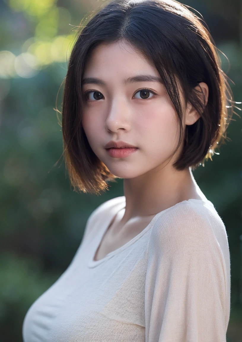 (Masseter region)， Realistically， ,Photorealist， One Girl，  alone，Beautiful Face、Lively Faces、Black-haired、short hair、Beautiful hairstyle、Lips parted， Realistic Skin、Beautiful skins、Charm、Cute blouse、 Upper Body，detailed，Dark Background，Backlight、