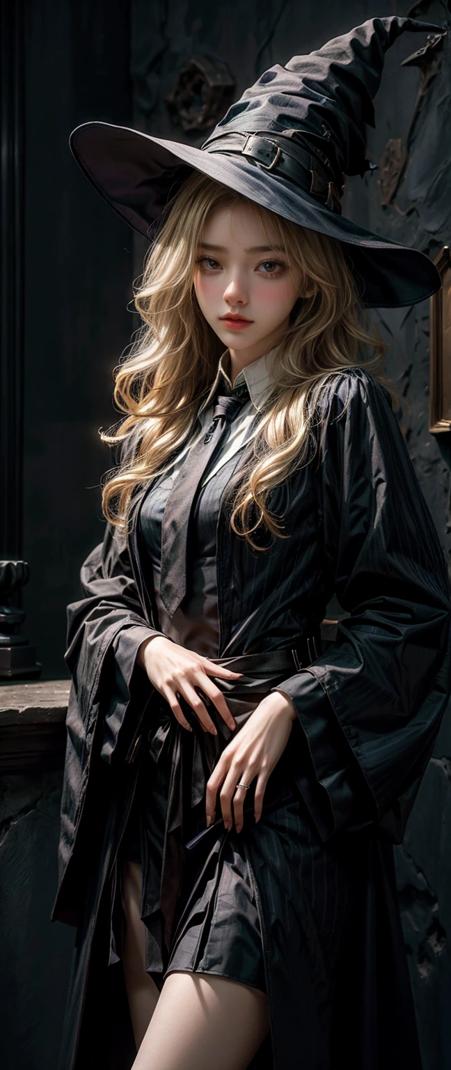 Witch Girl,Long, light blonde hair,Black-blue witch ,Wear a blue tie with black trim., Highest quality, Highest picture quality, high resolution, realistic, 8K, Highly detailed,In a small dark medieval room