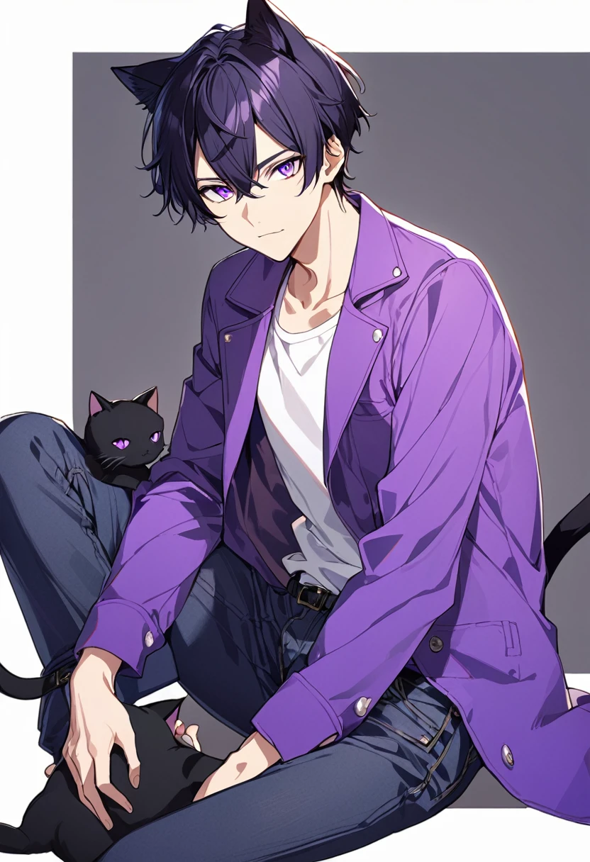 1boy, black short hair, black cat ears, bright purple eyes, wearing purple jacket, wearing white undershirt, wearing dark blue jean pants