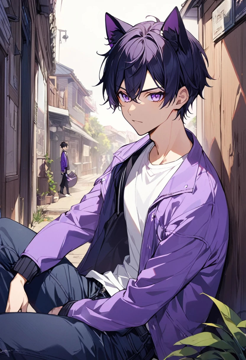1boy, black short hair, black cat ears, bright purple eyes, wearing purple jacket, wearing white undershirt, wearing dark blue jean pants