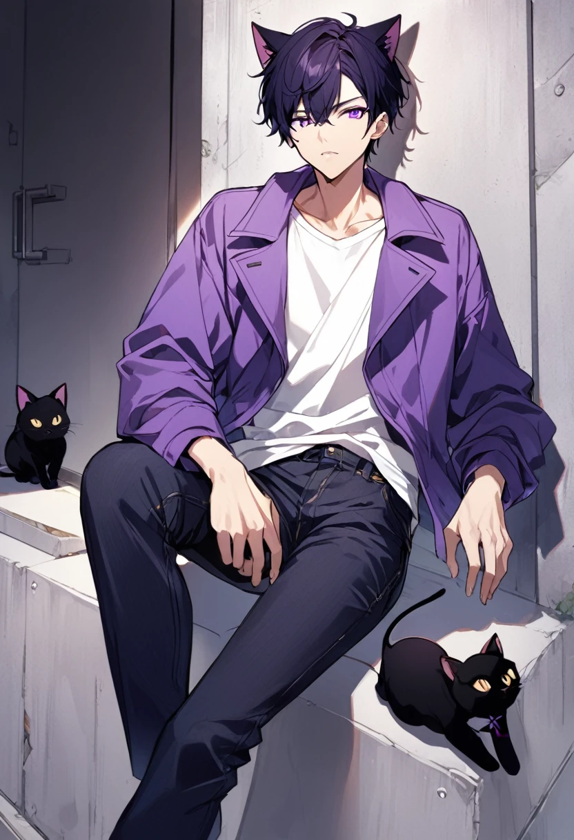 1boy, black short hair, black cat ears, bright purple eyes, wearing purple jacket, wearing white undershirt, wearing dark blue jean pants