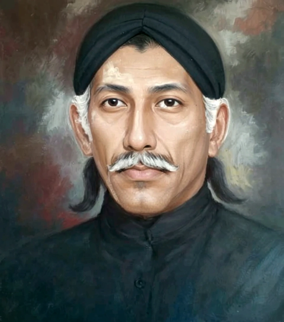 Indonesian Muslim man, wearing blangkon and dark clothes, Javanese nuances, dark brown skin with wrinkles on the forehead, 50 years or over, gray hair and mustache, slightly slanted eyes, sharp nose and thick lower lip. HD realistic images