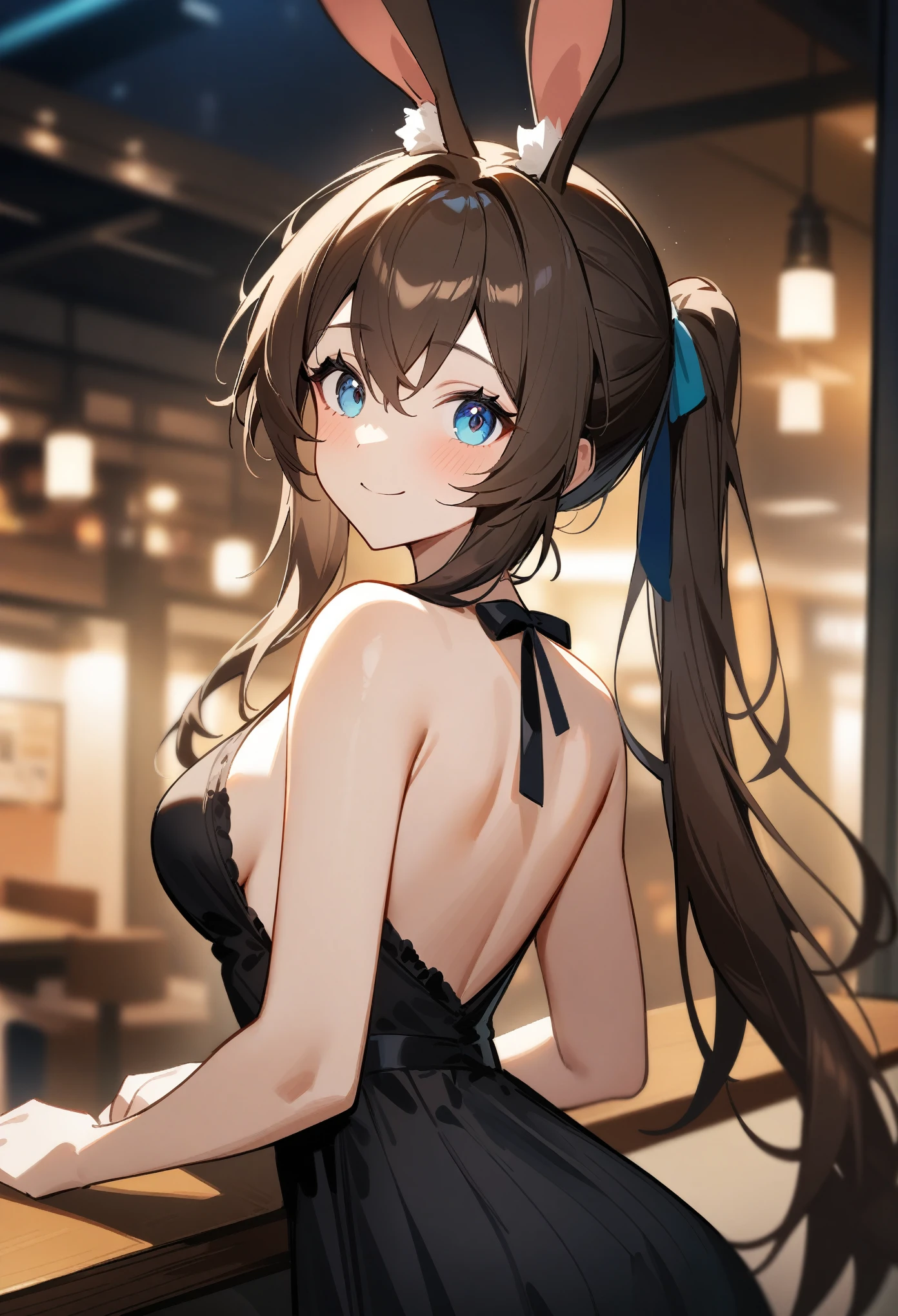 masterpiece, best quality, very aesthetic, absurdres, 1girl, sensitive, amiya\(arknights), arknights, looking back, upper body, brown hair, ponytail, bangs, rabbit ears, blue eyes, medium breasts, alternate costume, backless dress, bare shoulders, smile, indoors, night