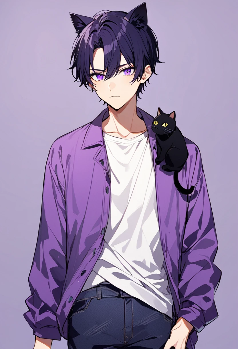 1boy, black short hair, black cat ears, bright purple eyes, wearing purple jacket, wearing white undershirt, wearing dark blue jean pants
