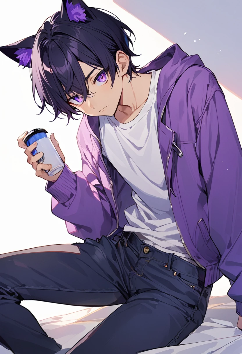 1boy, black short hair, black cat ears, bright purple eyes, wearing purple jacket, wearing white undershirt, wearing dark blue jean pants

