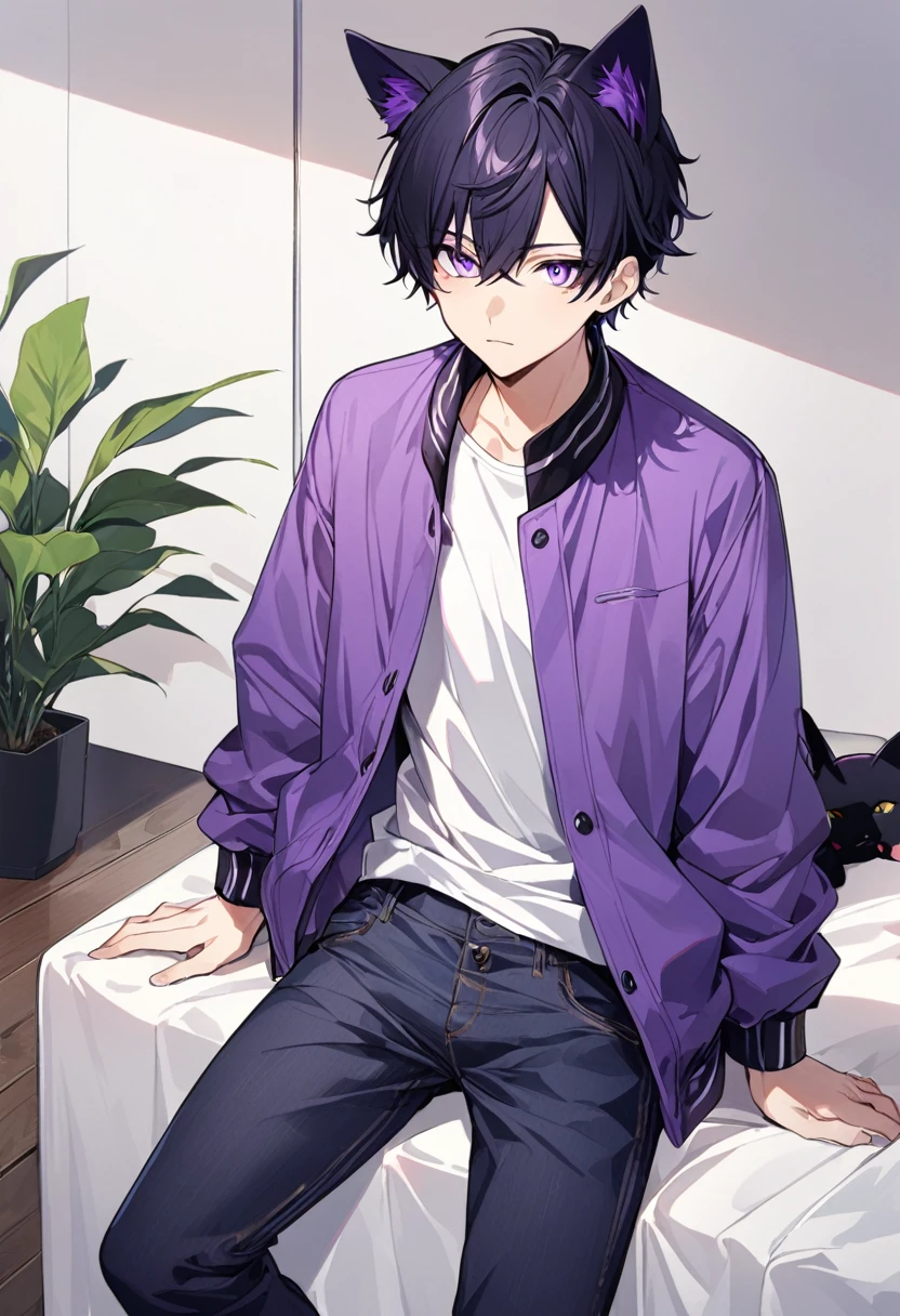 1boy, black short hair, black cat ears, bright purple eyes, wearing purple jacket, wearing white undershirt, wearing dark blue jean pants