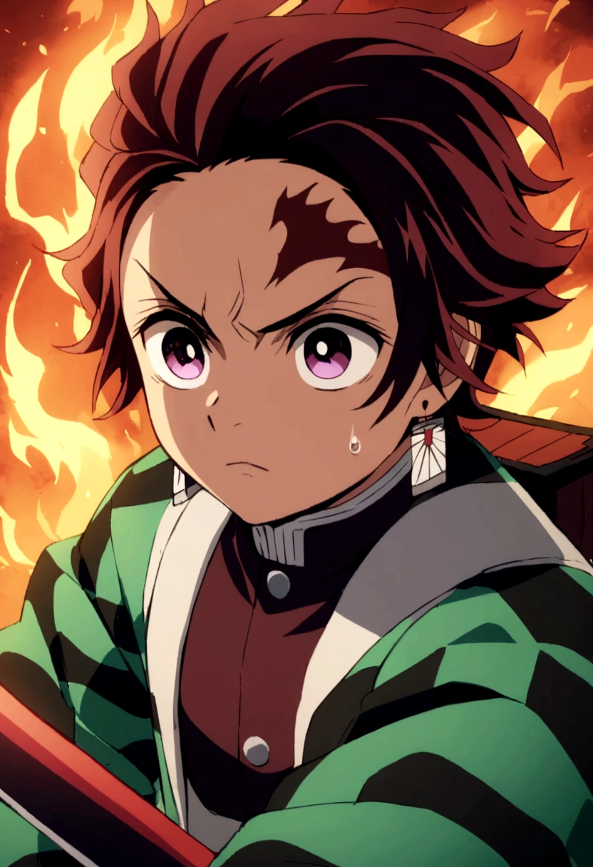 tanjiro, with sword, fire sword, ready to fight, upper body
