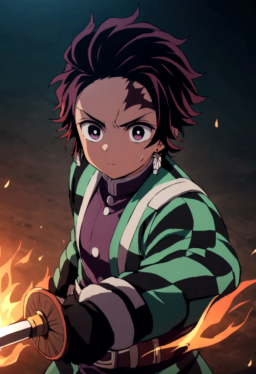tanjiro, with sword, fire sword, ready to fight, upper body