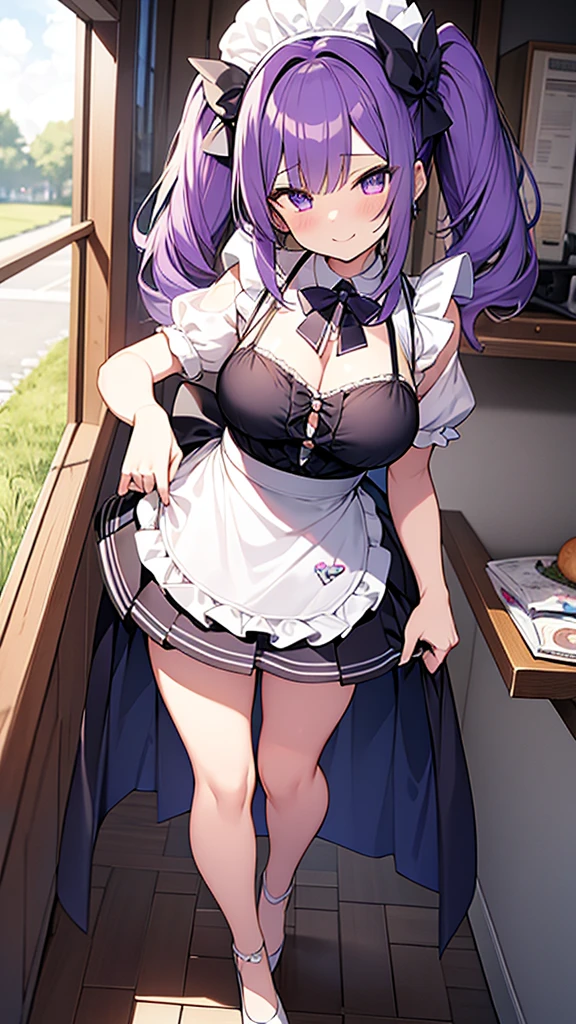 最high quality, high quality, 16K full body image, Ultra-detailed details, pretty girl, alone, beautiful purple hair, Beautiful purple eyes, Big Breasts, A light smile, Summer clothes, Summer Maid clothes, I'm lifting my skirt, Blue and white color striped underwear(Bikini swimsuit under skirt), My crotch is wet with love juice, {{A succubus who steals the face skin and maid uniform from the girl she likes and plays pranks on her、I'm wearing a maid outfit while pretending to be the girl I like.}}, The girl I like is a high school girl, Full body image, NSFW