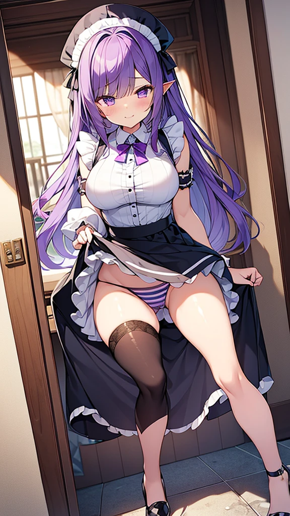 最high quality, high quality, 16K full body image, Ultra-detailed details, pretty girl, alone, beautiful purple hair, Beautiful purple eyes, Big Breasts, A light smile, Summer clothes, Summer Maid clothes, I'm lifting my skirt, Blue and white color striped underwear(Bikini swimsuit under skirt), My crotch is wet with love juice, {{A succubus who steals the face skin and maid uniform from the girl she likes and plays pranks on her、I&#39;m wearing a maid outfit while pretending to be the girl I like.}}, The girl I like is a high school girl, Full body image, NSFW