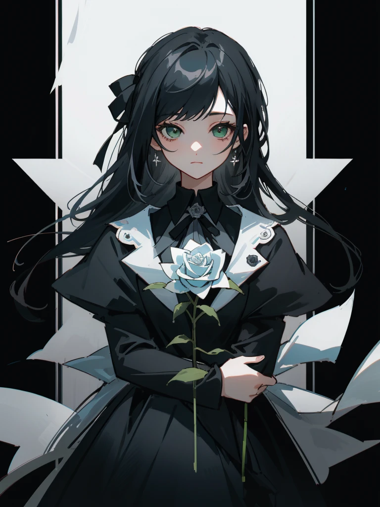 ((masterpiece, highest quality)),best aesthetics,1 girl, alone, long hair, black dress, flower, ribbon, black background, black hair, Rose, hair ribbon, green eyes, long sleeve, white Rose, closed mouth, black ribbon, Upper body, cinematic lighting