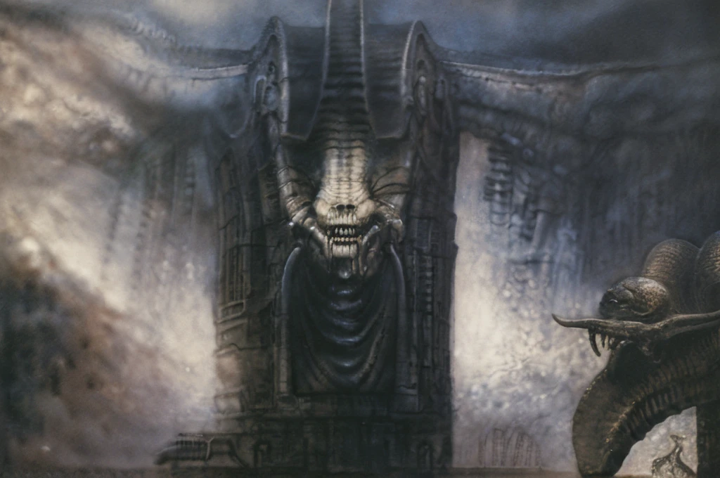 The image is a detailed view of H.R. Giger's biomechanical tableau \" Landscape XVI \" plate, featuring.
(airbrush painting, Giger's alien in front of broken alien ship in landscape, natural light, sharp focus, illustration, highly detailed, digital painting, concept art, matte, art by gric and kozhanov and moebius and Alphonse Mucha, masterpiece, HDR ,UHD , uplight, in HRGigerArhP style);1.
surrealistic painting of a monster with multiple tentacles and a body that looks like a brain, surrounded by a chaotic scene of swirling clouds and other monsters
 It's a complex network of bones and organs in eldritch color scheme:a greenish-brown hue ,swirling gery and brown colors. The artwork is silverish and green brown, with an ivory bones prominently displayed. The image is highly detailed and intricate, almost like a 3d version of a medical sketchwork.   
The piece is a tableau, most likely created with a India ink pen or pencil on paper, determined by the thin lines, shading techniques, and the texture of the paper, which is visible around the edges.
Used is pen, given the shading and variations in line weight visible in the image. Artist have used a variety of stylus with different degrees of hardness to achieve the shading effects.
 The use of undersaturated green-grays dark contrasts creates a stark and graphic look. Is used a variety of linework techniques to create different textures. Fine, parallel lines create a smooth, metallic texture,while thicker, more cursive lines suggest cables or wires.
Light source from the top highlights skeletals, pper part of foreground, lower part of image is in shadowupper part of foreground, lower part of image is in shadow.
The art performance showcases the artist’s skills in observation and rendering. The level of detail in the piece suggests a close study of real bone specimens and mechanics. The artist has skillfully used shading techniques to create a convincing illusion of three-dimensionality on a flat surface. The wrinkles 