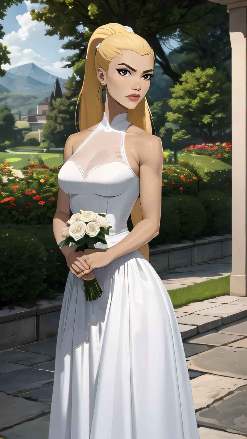 (cowboy shot), (masterpiece, best_quality, ultra-detailed, immaculate:1.3), epic, illustration,
BREAK
ArtemisYJ, ponytail,super long hair,
(White wedding dress ),medium breast 
BREAK
(courtyard, garden, outdoors, gorgeous view)