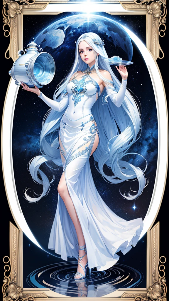 Aquarius　woman　holding a pot of running water　One-length white long hair　Beautifully decorated white and blue long dress　Shiny space background　Luxury ornamental frame