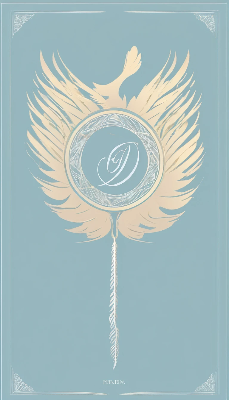 A minimal, modern, simple, cinematic logo design for the brand “Penamemoria". The logo design must be a simple, silhouette of a boy, standing up, playing acoustic guitar and fantasy feather by his side. The logo must convey a sense of music, stories, memories and dreams. Logo design impressed on a book cover. Minimalistic logo. Light blue, white and soft golden as colors for the logo design